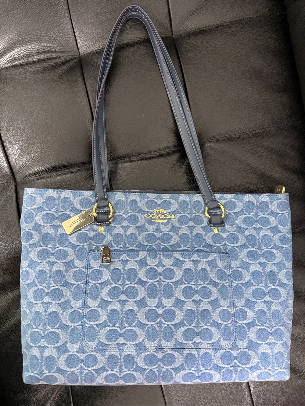 Coach Denim Signature Tote in Light Blue and Navy Trim